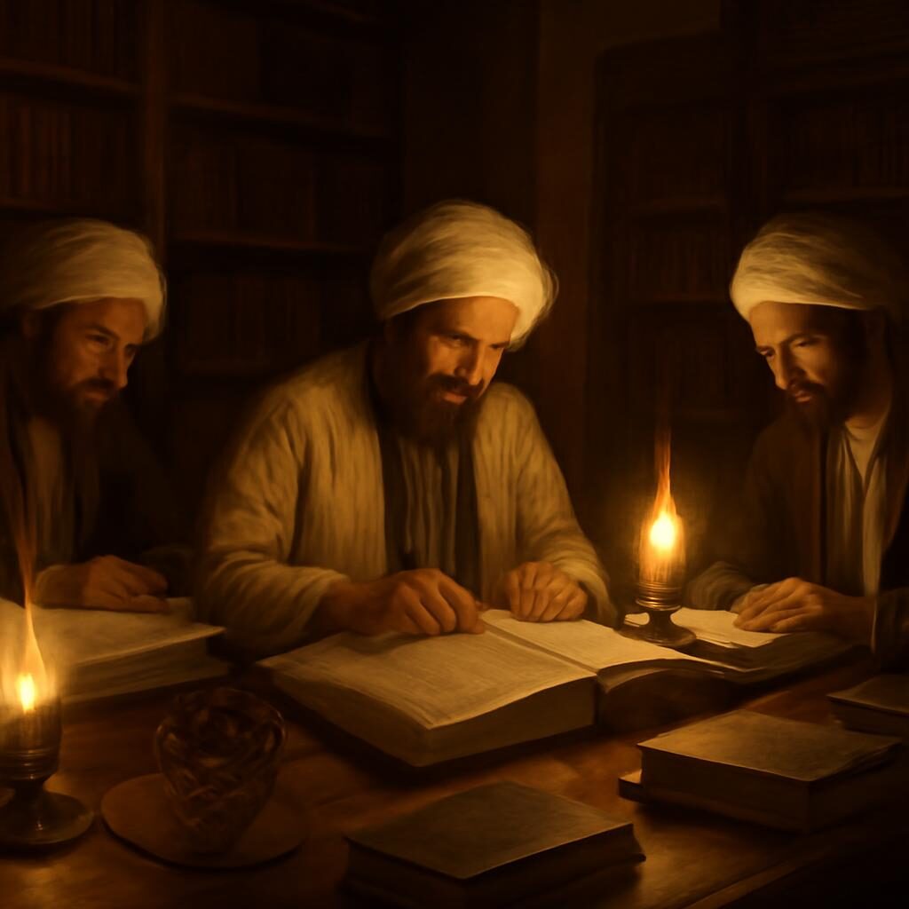 Savants abbassides étudiant des manuscrits dans la bibliothèque de Bagdad