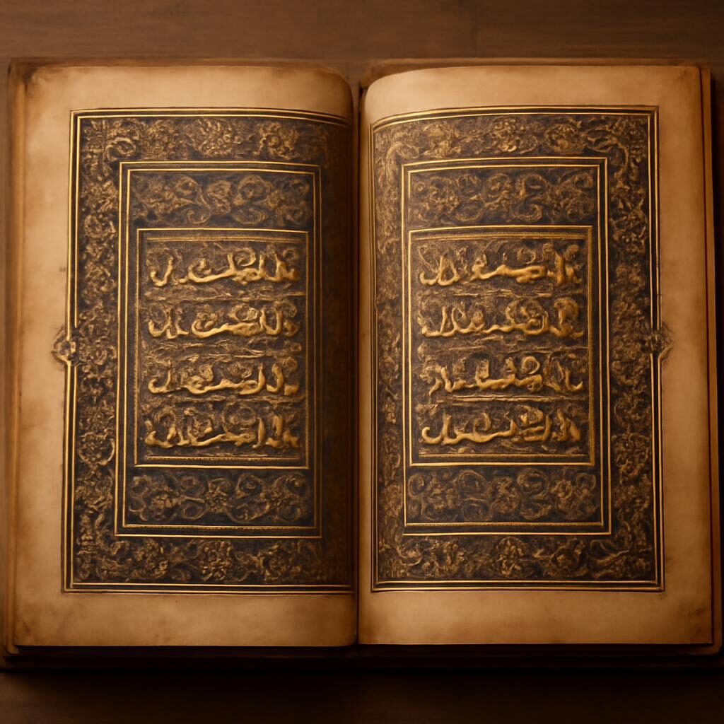 Manuscrit enluminé abbasside ouvert montrant calligraphie dorée et enluminures géométriques islamiques