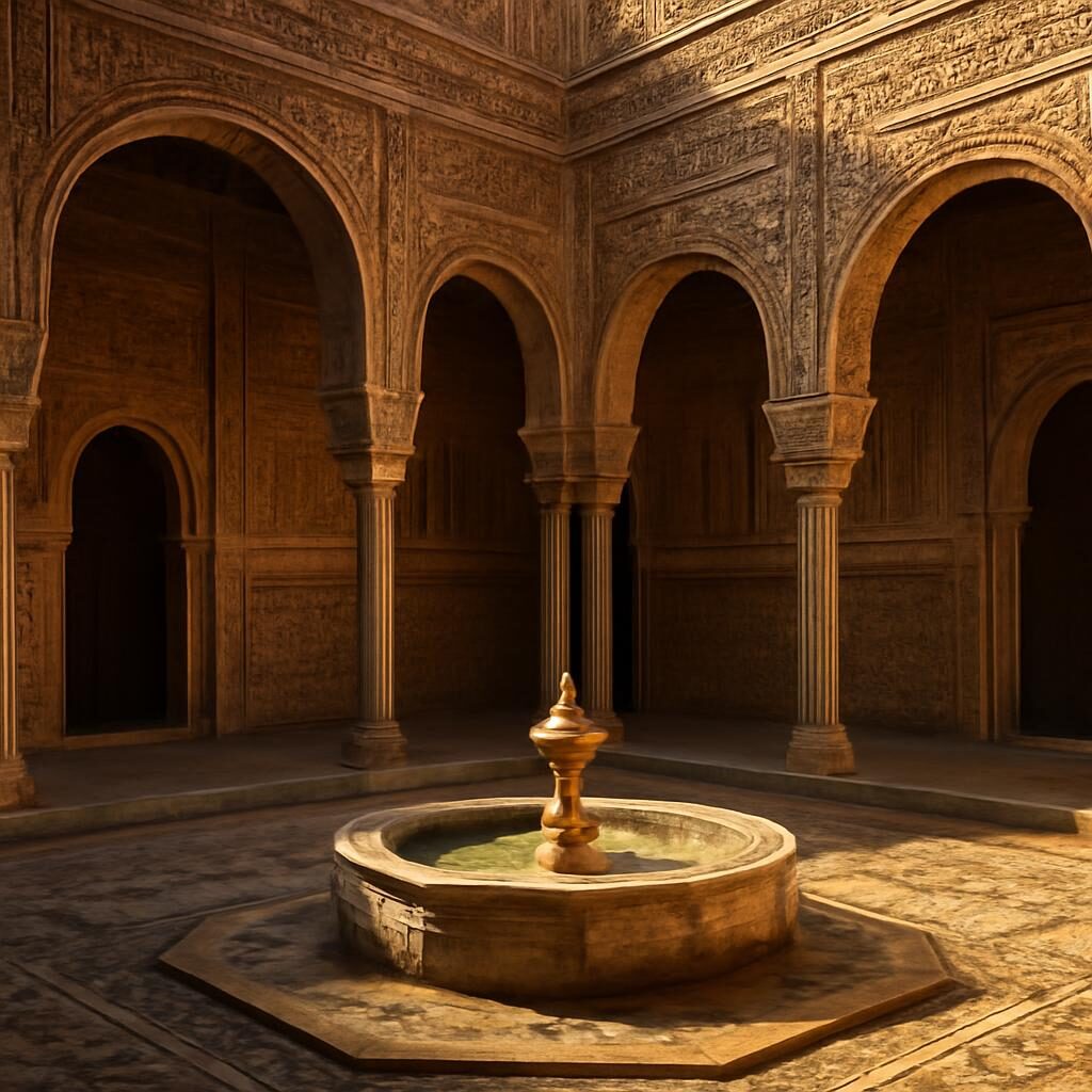 Reconstitution d'une cour de palais abbasside avec arabesques en stuc et fontaine ornementale