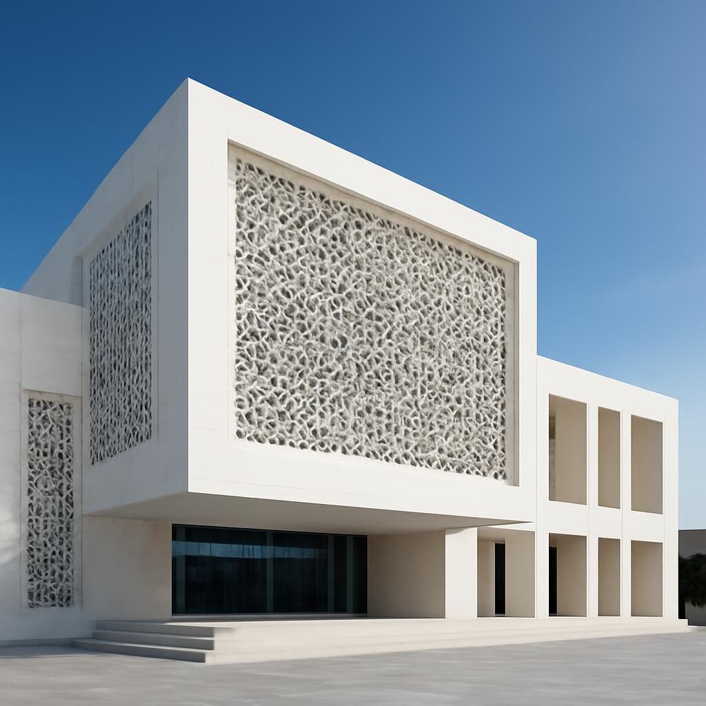 Façade de l'Aga Khan Museum de Toronto aux géométries islamiques en granit blanc de Fumihiko Maki