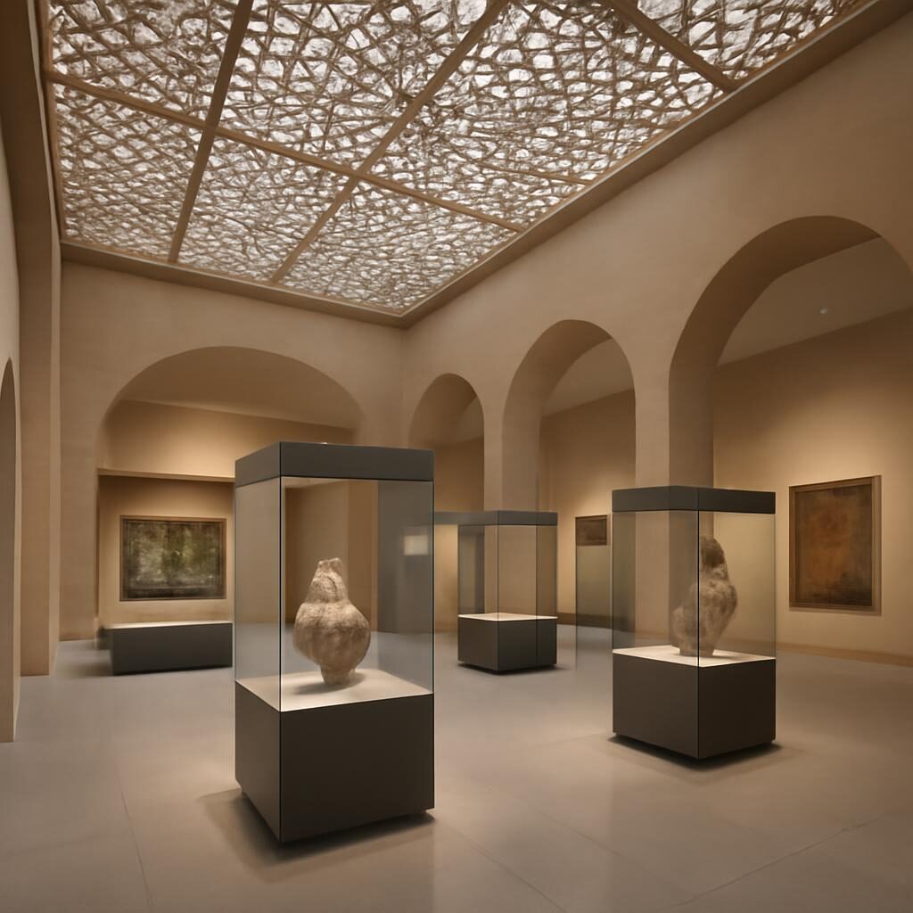 Galerie intérieure de l'Aga Khan Museum avec plafonds géométriques et œuvres islamiques en vitrines