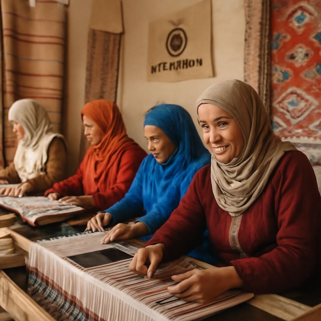 Coopérative artisanale marocaine avec femmes tissant des textiles traditionnels, label artisanat visible