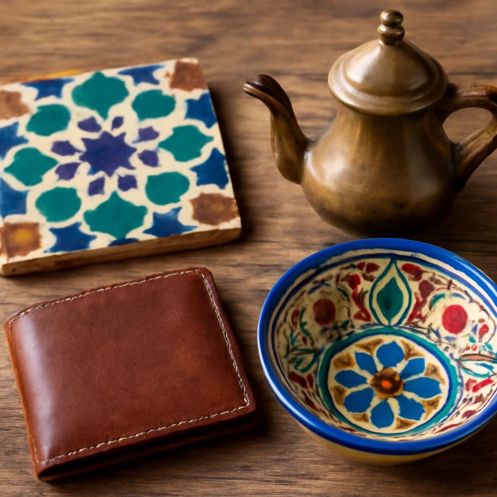 Sélection d'artisanat marocain authentique : zellige, poterie peinte, théière en laiton et maroquinerie