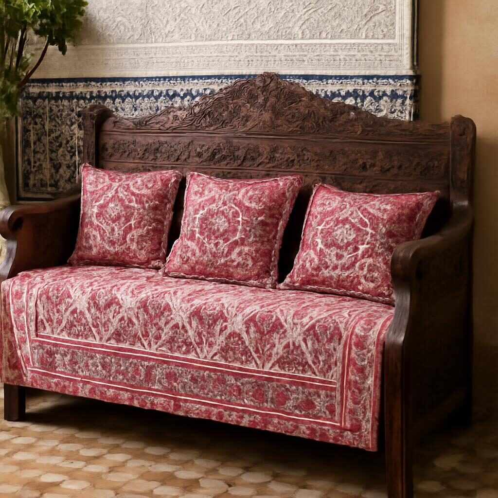 Coussins brodés marocains en rouge et blanc sur un canapé en bois sculpté dans un riad