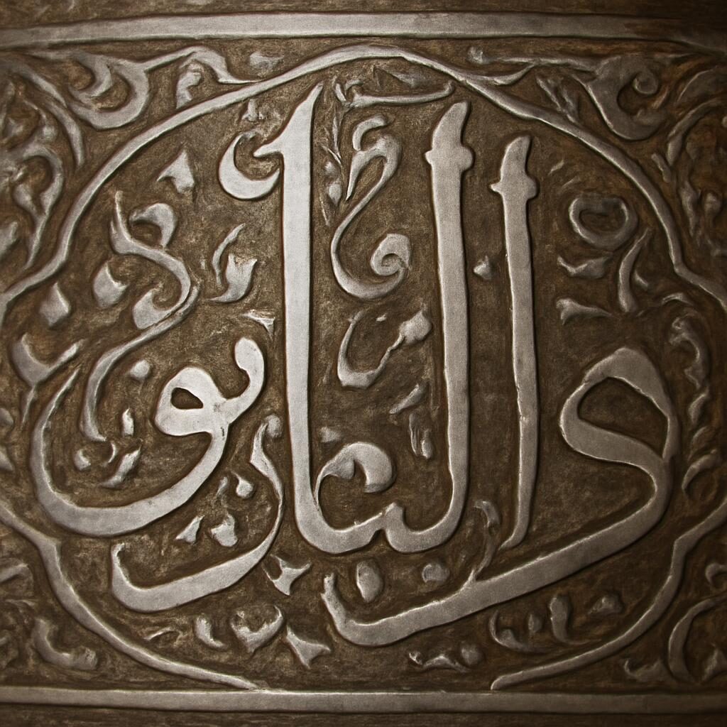 Détail d'incrustation d'argent sur bronze islamique, calligraphie et arabesques