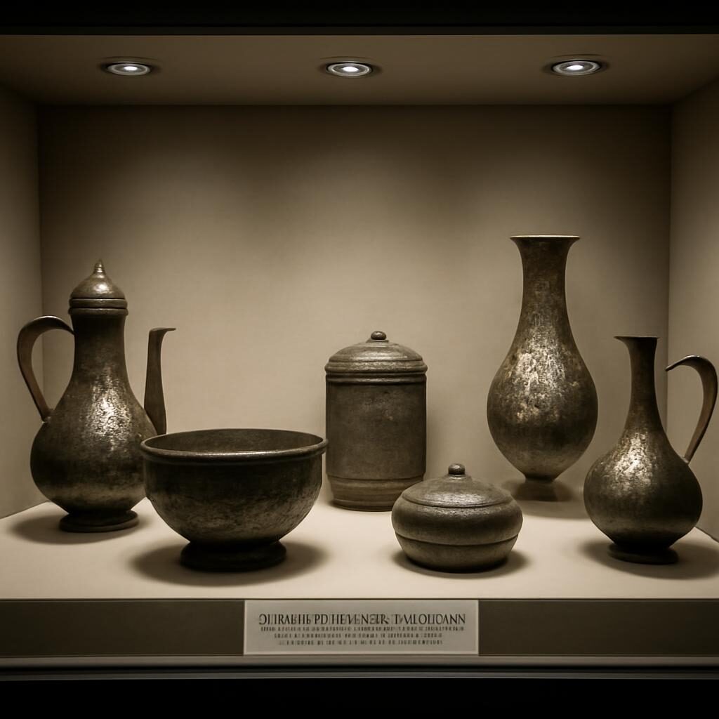 Vitrine de musée présentant des objets en bronze islamique médiéval avec décors incrustés