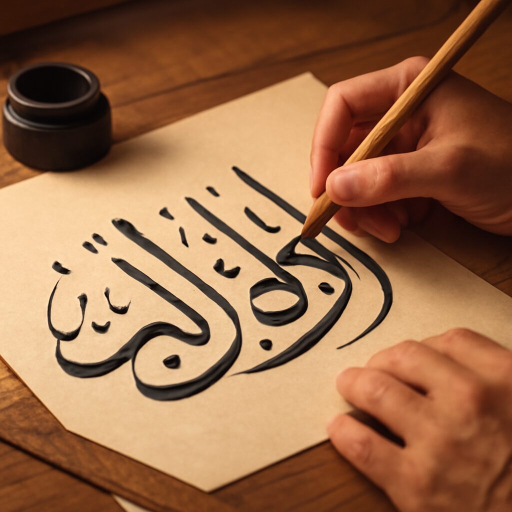 Calligraphe travaillant au calame dans son atelier