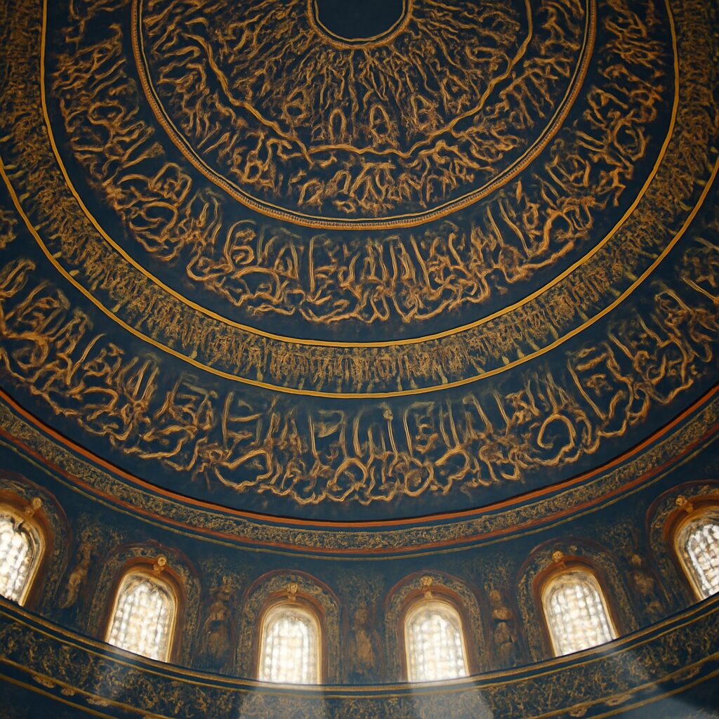 Calligraphie monumentale sous le dôme d'une mosquée