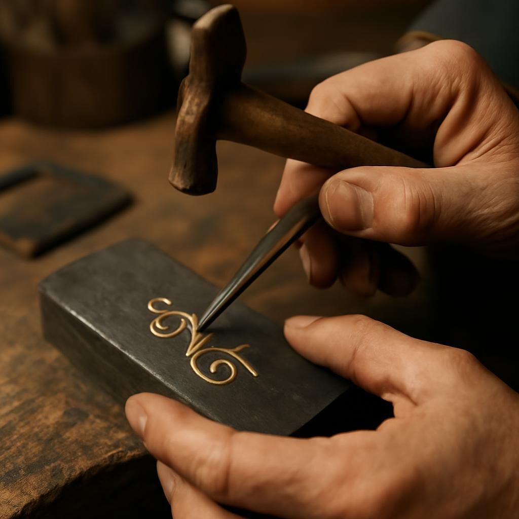 Artisan tolédant incrustant un fil d'or dans l'acier noirci au ciseau, technique de damasquinage