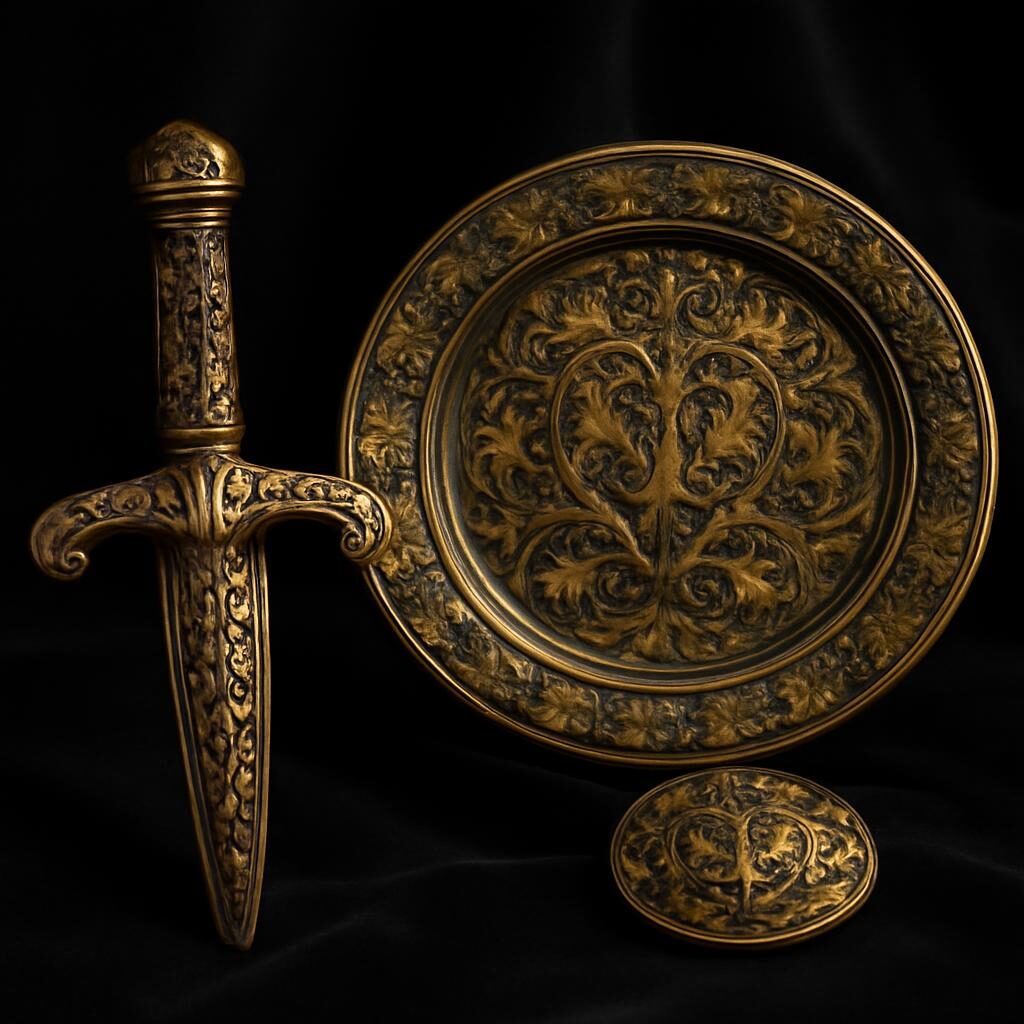 Collection d'objets en damasquinage de Tolède sur velours sombre : garde d'épée, plateau et broche