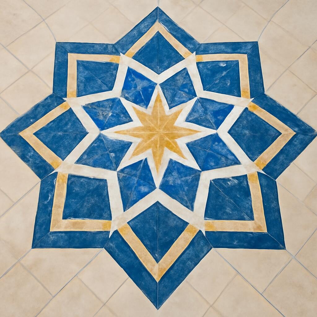 Sol en mosaïque de marbre avec motif d'étoiles à 8 branches dans une grande mosquée, vue de dessus