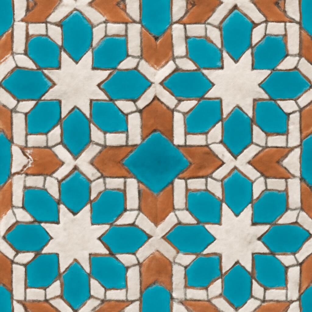 Gros plan d'un motif de zellij en étoile à 8 branches turquoise blanc et terre cuite, artisanat islamique