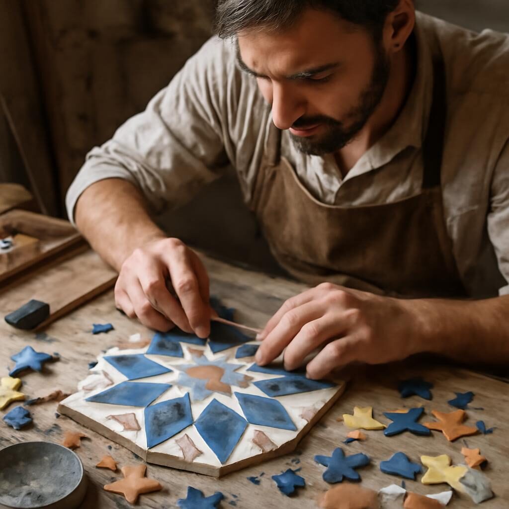 Artisan posant à la main des carreaux de mosaïque formant un motif d'étoile à 8 branches dans un atelier