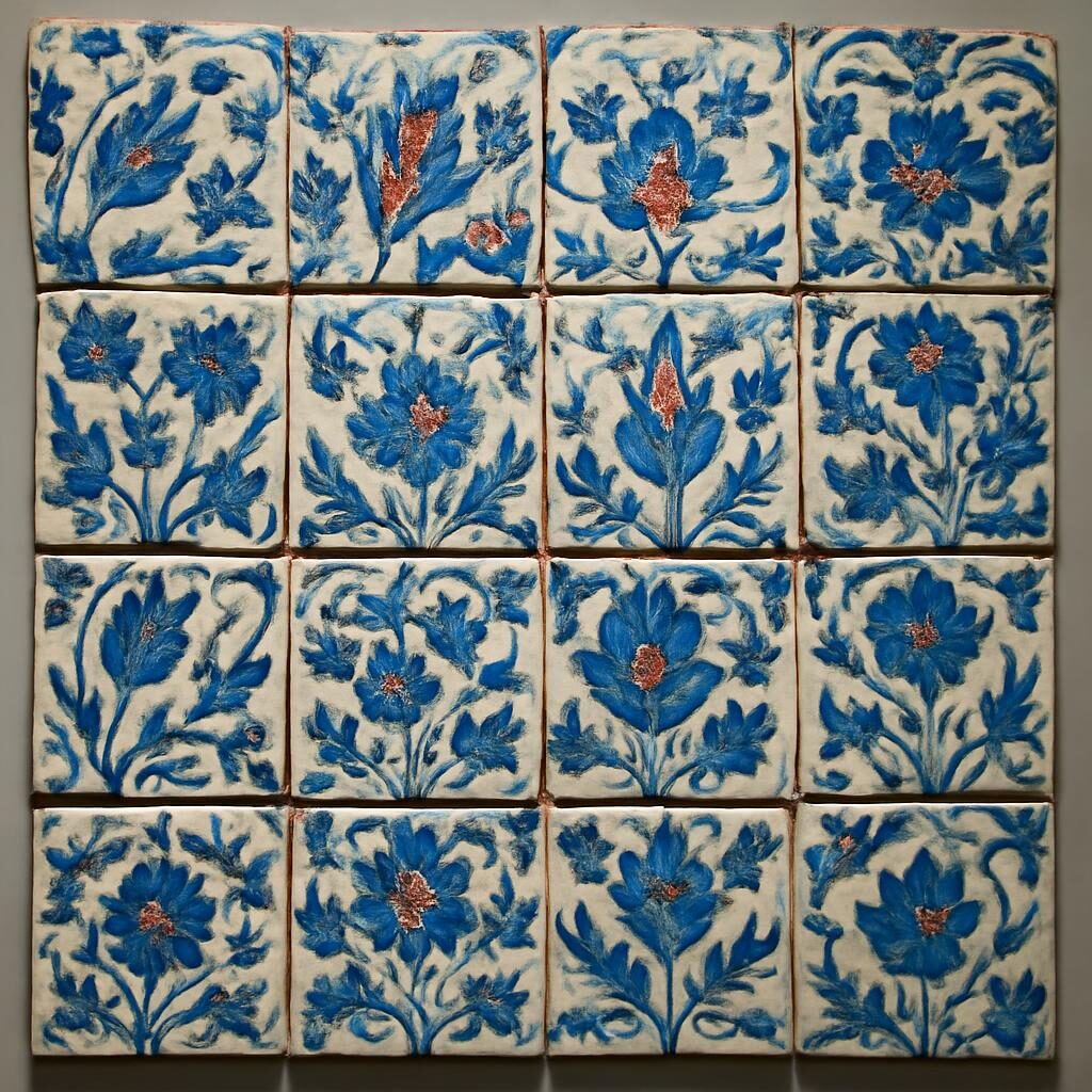 Collection de carreaux Iznik avec motifs floraux bleu cobalt et rouge, période ottomane