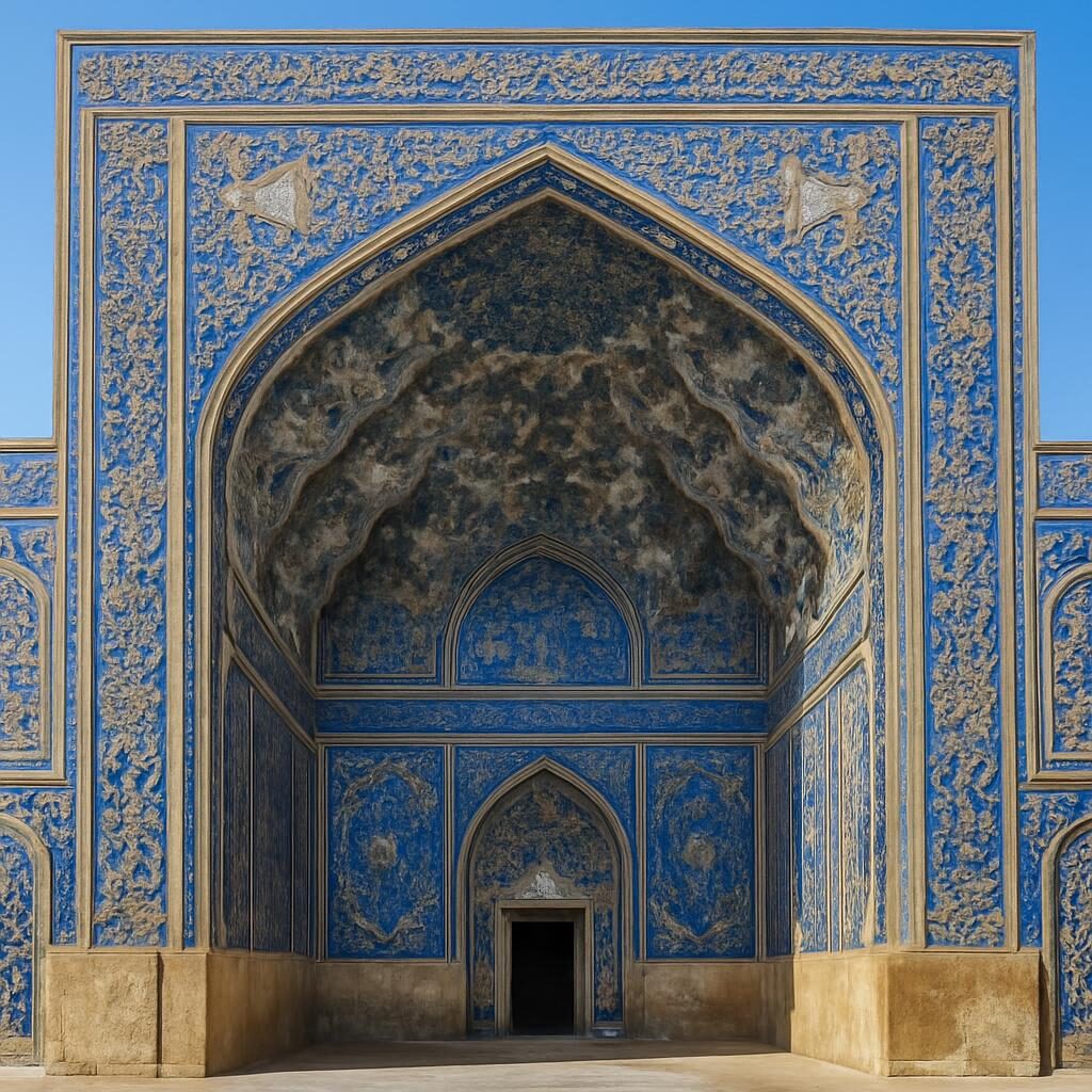Façade d'un grand iwan de la mosquée de l'Imam d'Isfahan avec sa demi-coupole en muqarnas et faïences bleues