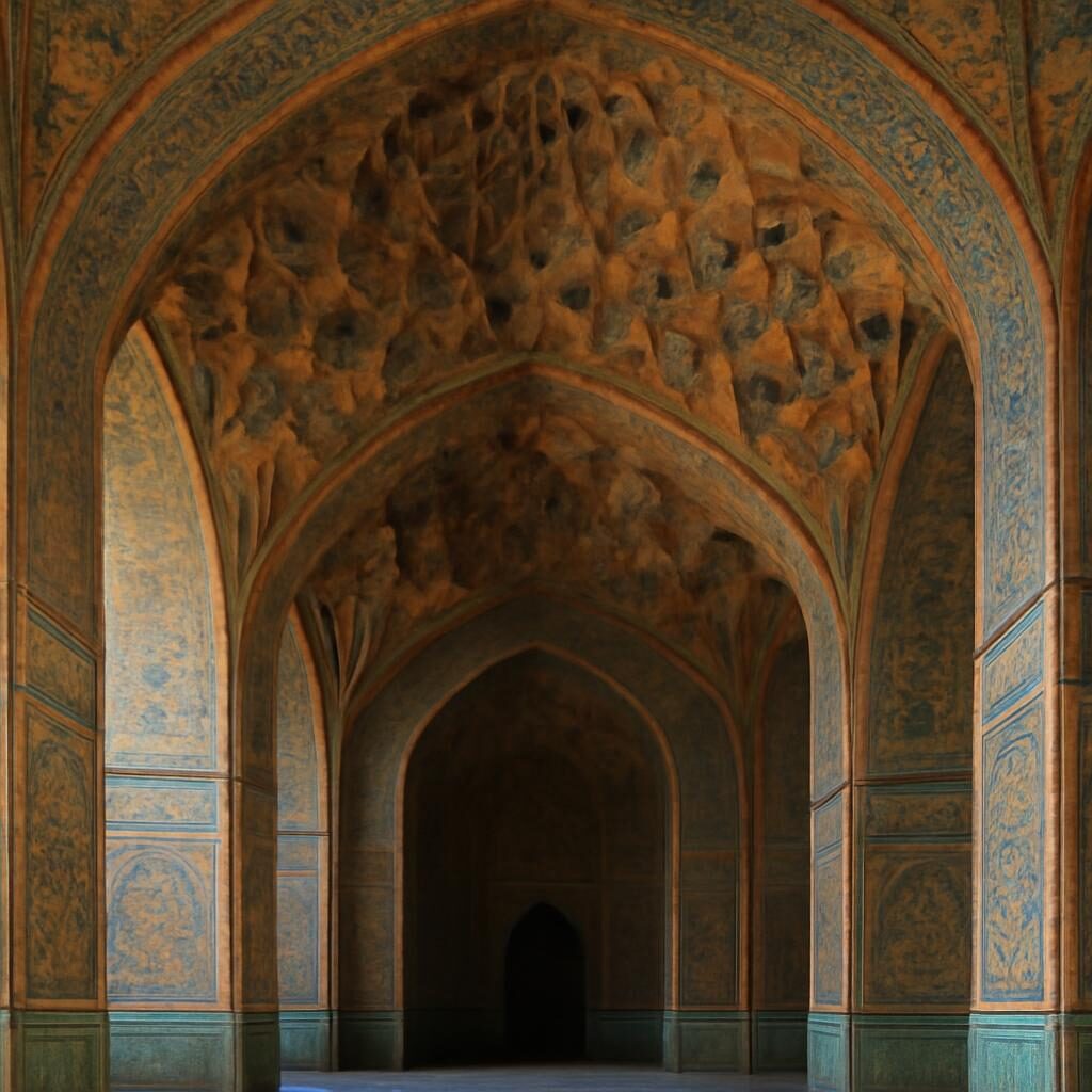Vue intérieure d'un iwan persan avec voûte en berceau pointu ornée de muqarnas en terre cuite et turquoise