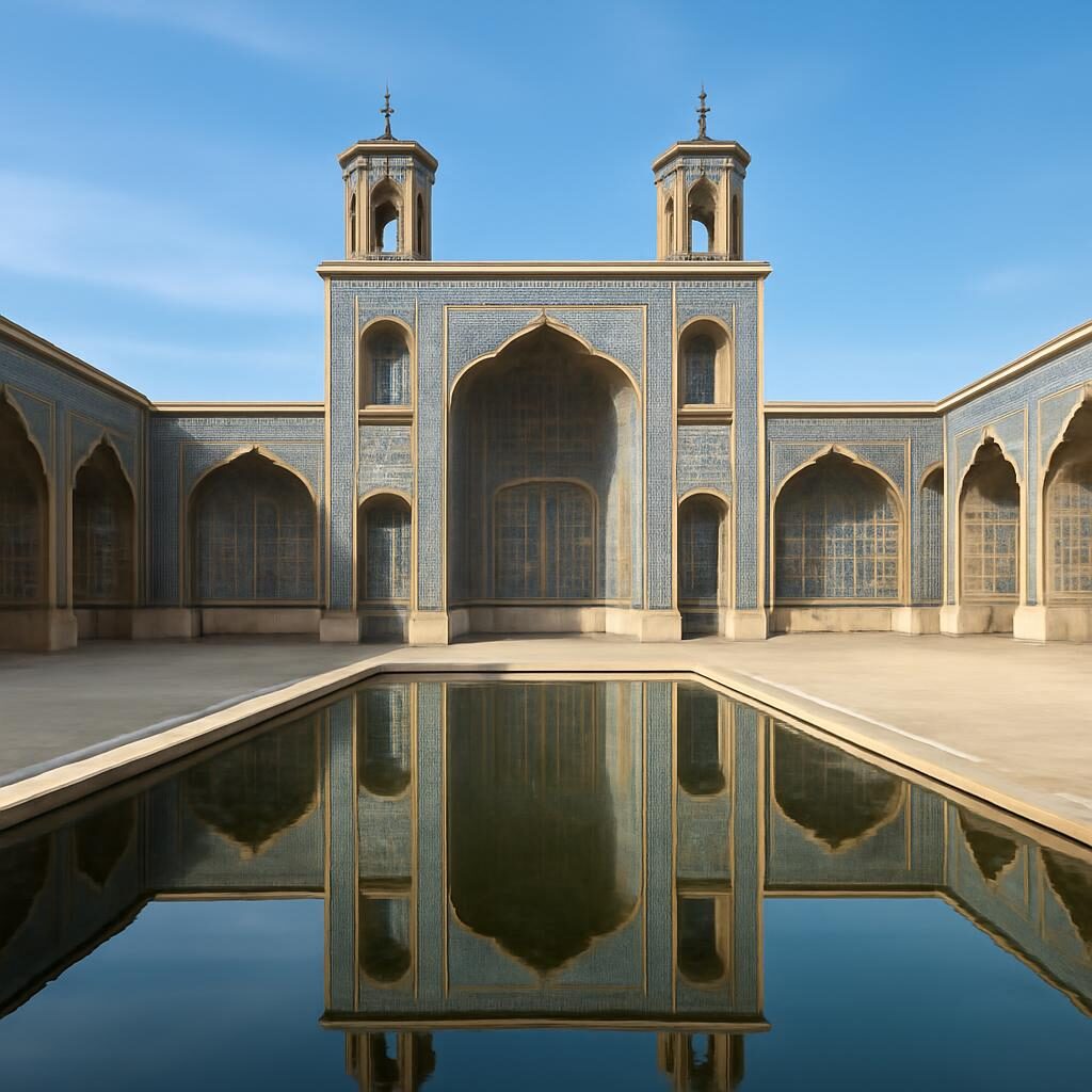 Cour à quatre iwans d'une madrasa iranienne avec bassin central reflétant les façades ornementées