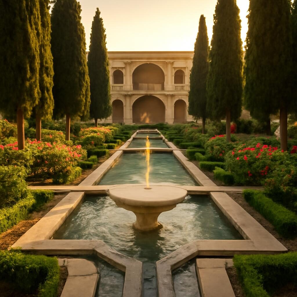 Jardin chaharbagh persan avec fontaine centrale et allées d'eau divisant le paradis en quatre parties