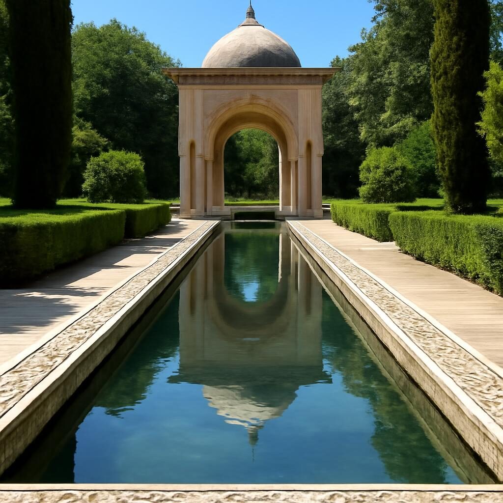 Canal ornemental et bassin réfléchissant dans un jardin islamique classique avec arches de pavillon en arrière-plan