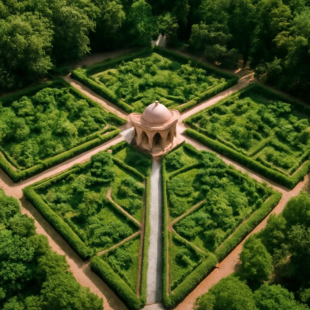 Vue aérienne d'un jardin chaharbagh islamique avec canaux en croix menant à un pavillon central entouré de verdure