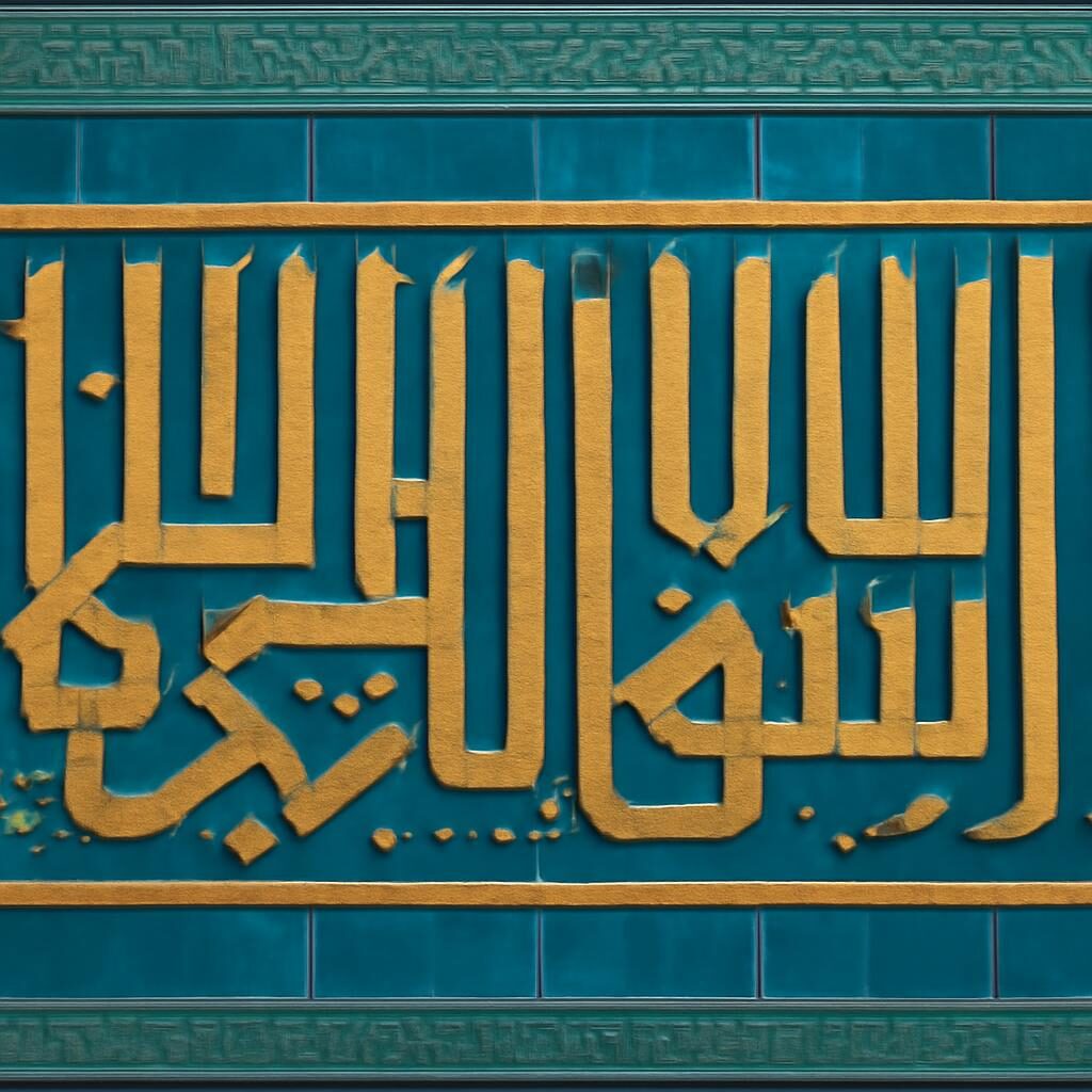 Inscription coufique en lettres angulaires dorées sur carreaux de céramique bleue de mosquée