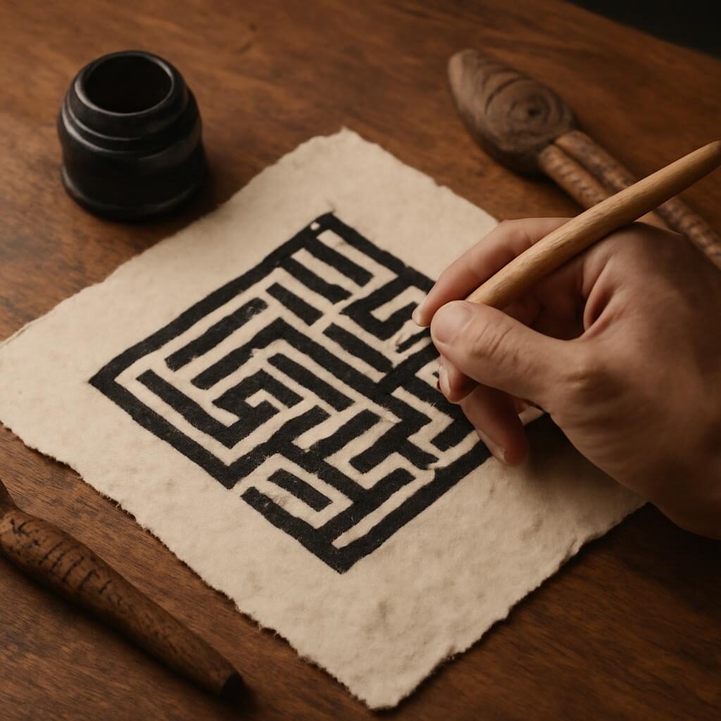 Calligraphe islamique traçant des lettres koufiques carrées géométriques avec un qalam sur papier artisanal