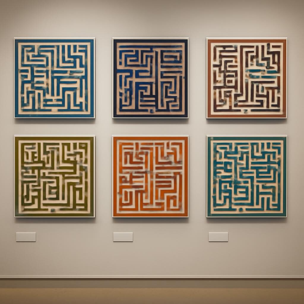 Exposition de panneaux calligraphiques koufiques carrés géométriques en céramique aux motifs variés
