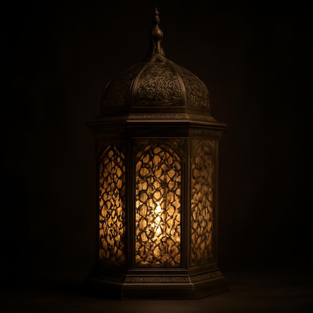Lanterne de mosquée en laiton ajouré aux motifs géométriques islamiques, lumière chaude intérieure