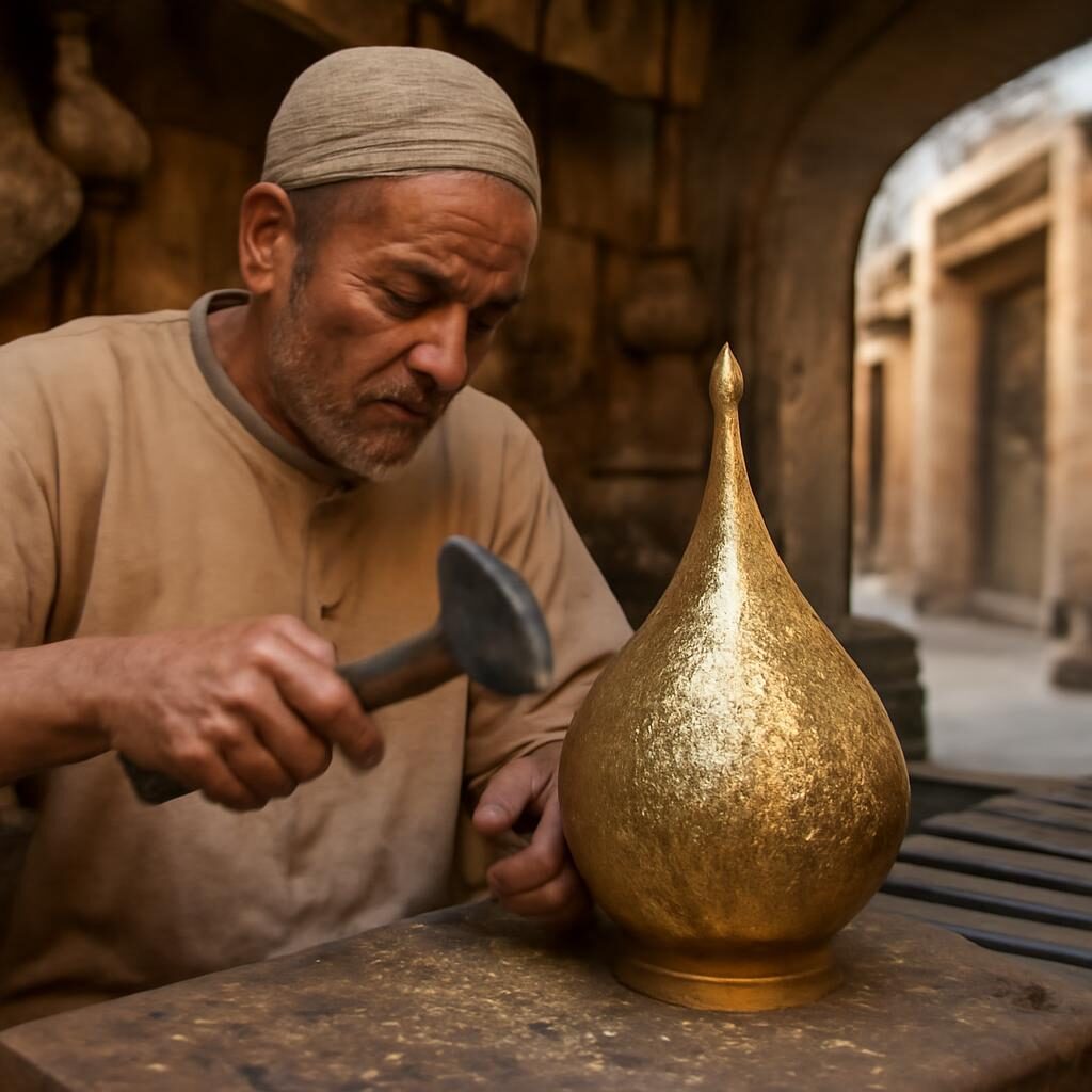 Artisan marocain ciselant une lampe en laiton dans un atelier de la médina de Fès