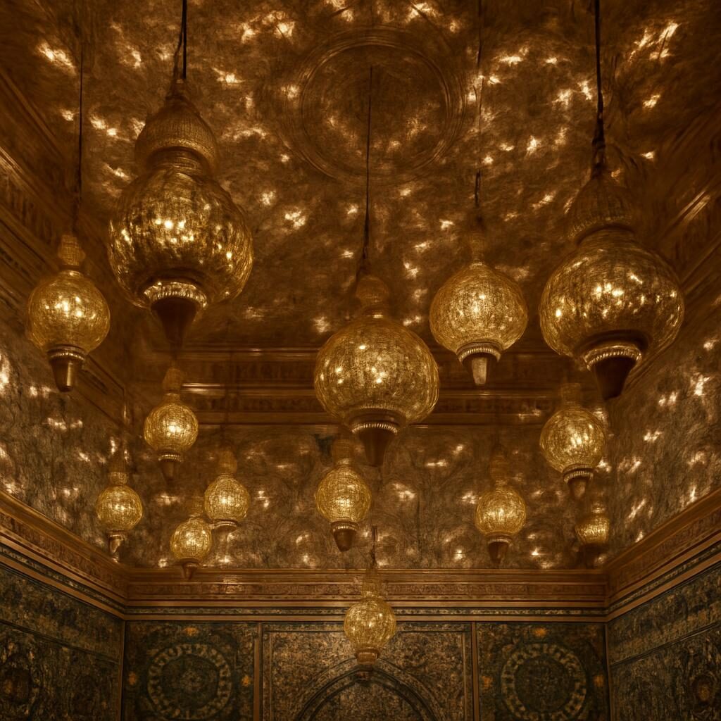 Plafond d'un riad marocain avec multiples lampes en laiton projetant des étoiles lumineuses