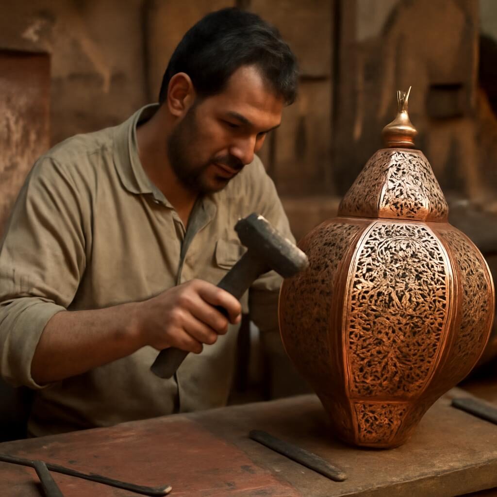 Artisan martelant des motifs géométriques sur une lanterne en cuivre dans un atelier de la médina de Fès
