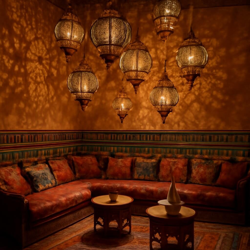Salon de style marocain avec plusieurs lanternes suspendues projetant des jeux de lumière géométriques
