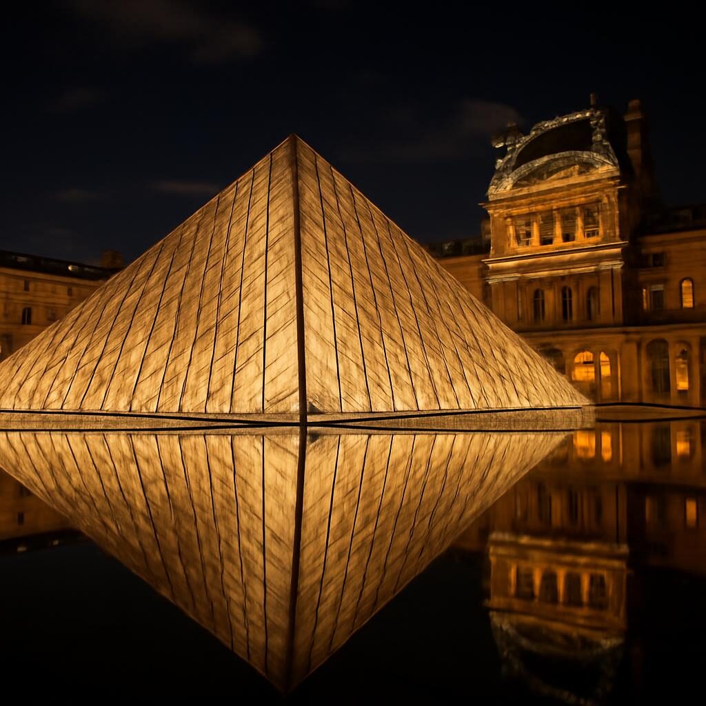 Pyramide du Louvre illuminée la nuit, Paris