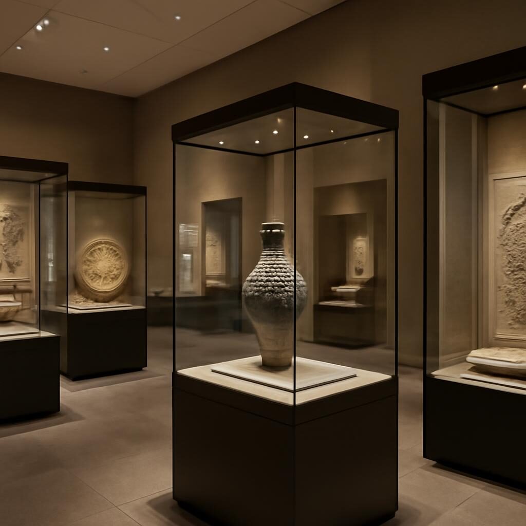 Salle d'arts islamiques au Louvre avec vitrines modernes et éclairage élégant