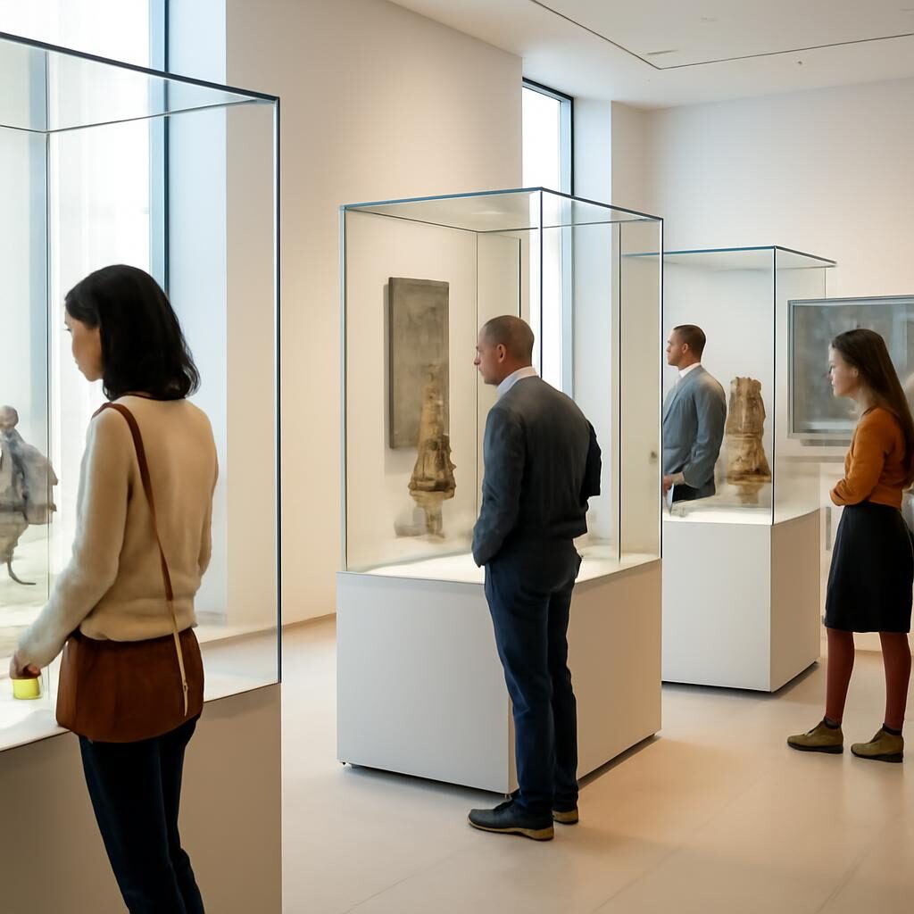 Visiteurs devant des céramiques islamiques dans une galerie de musée