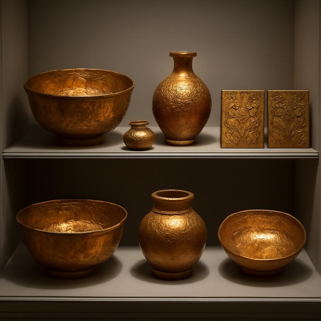 Vitrine de musée présentant une collection de céramiques à lustre islamique aux tons dorés