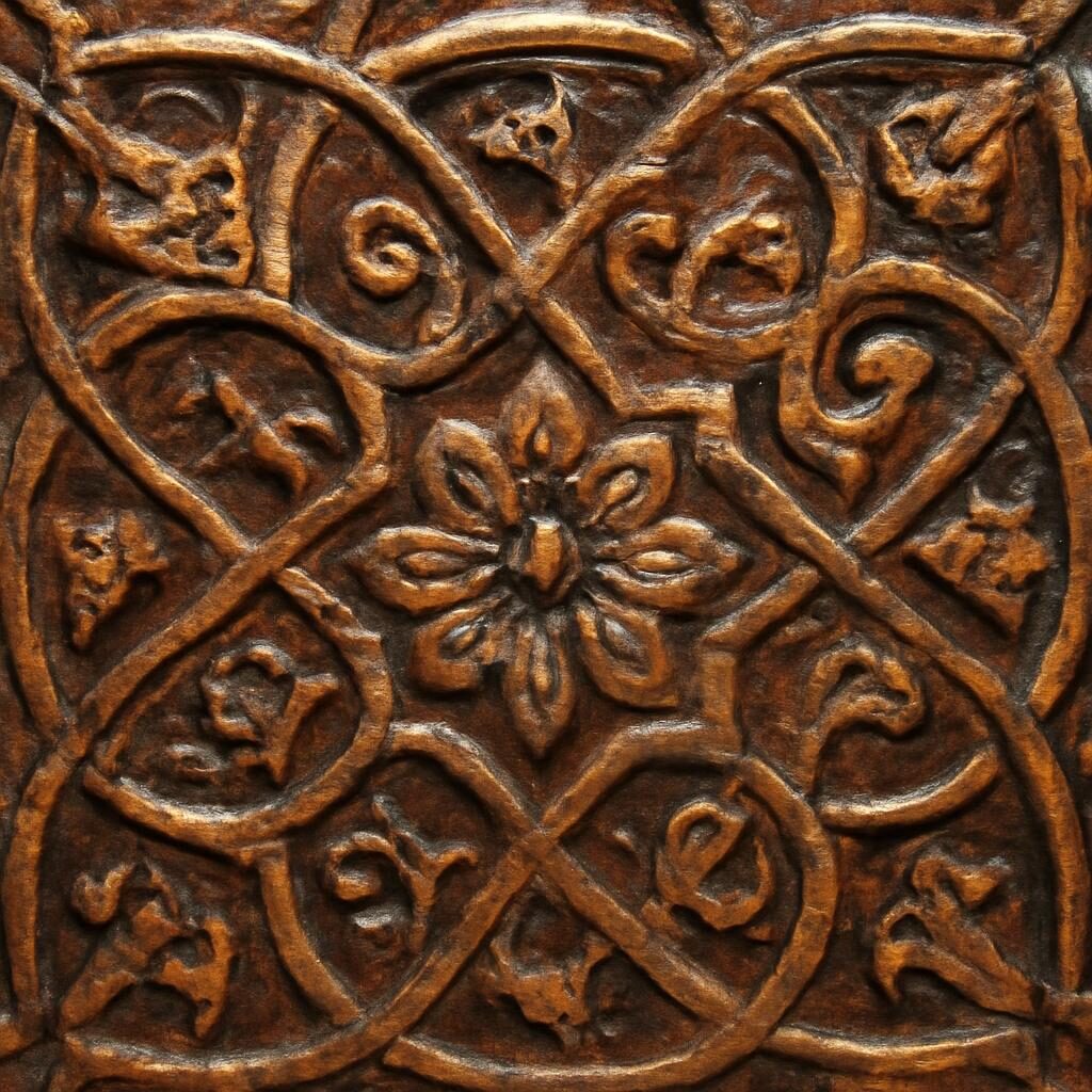 Macro d'un carreau islamique à lustre métallique montrant le glacis irisé or-brun et motifs floraux