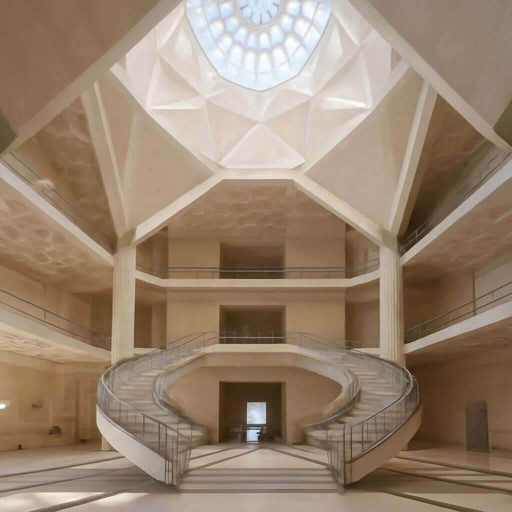 Atrium intérieur du Museum of Islamic Art de Doha, plafond géométrique blanc et grand escalier