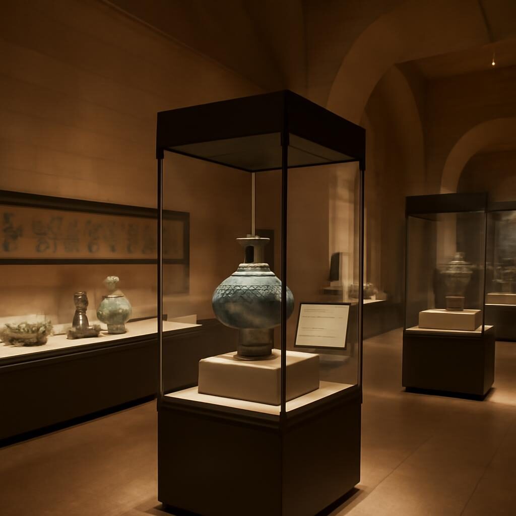 Salle d'exposition du MIA Doha avec vitrines éclairées présentant céramiques et manuscrits islamiques