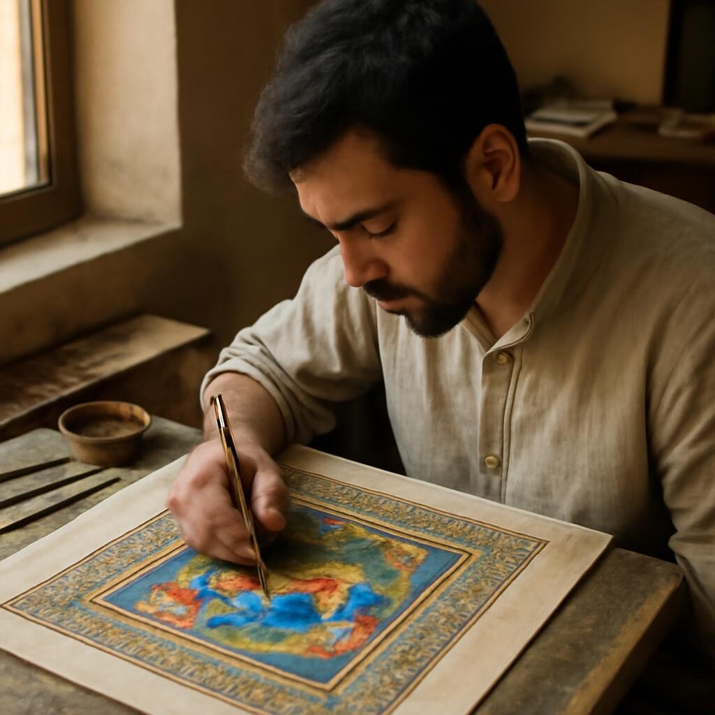 Artiste peignant une miniature persane à la lumière naturelle dans un atelier traditionnel