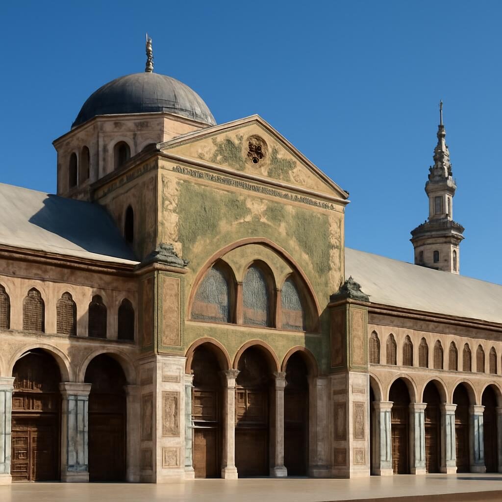 Grande Mosquée omeyyade de Damas avec ses mosaïques dorées et ses arcades de pierre sous ciel bleu