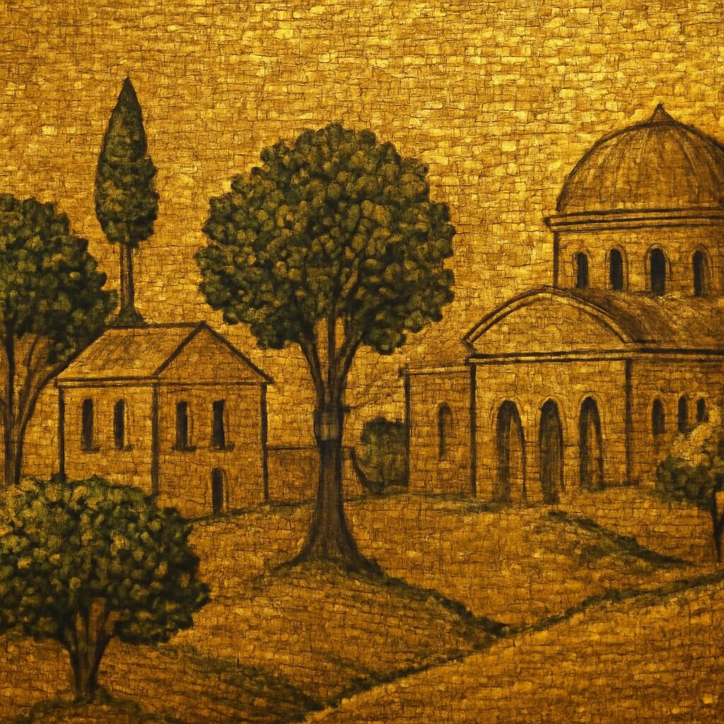 Mosaïque dorée à motifs de paysage paradisiaque de la mosquée omeyyade de Damas, détail des tesselles