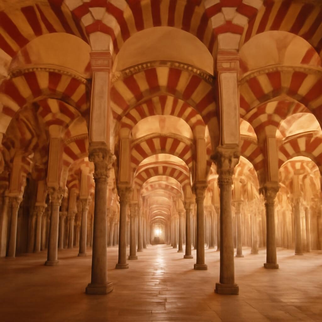 Intérieur de la Mezquita de Cordoue avec ses arches bicolores rouges et blanches en enfilade
