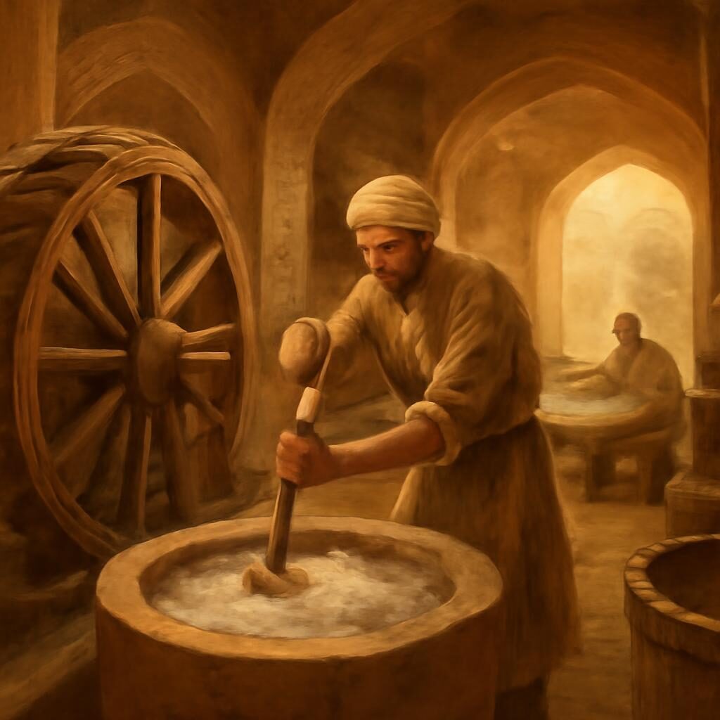 Atelier de fabrication du papier islamique à Samarcande, artisan battant des fibres de coton