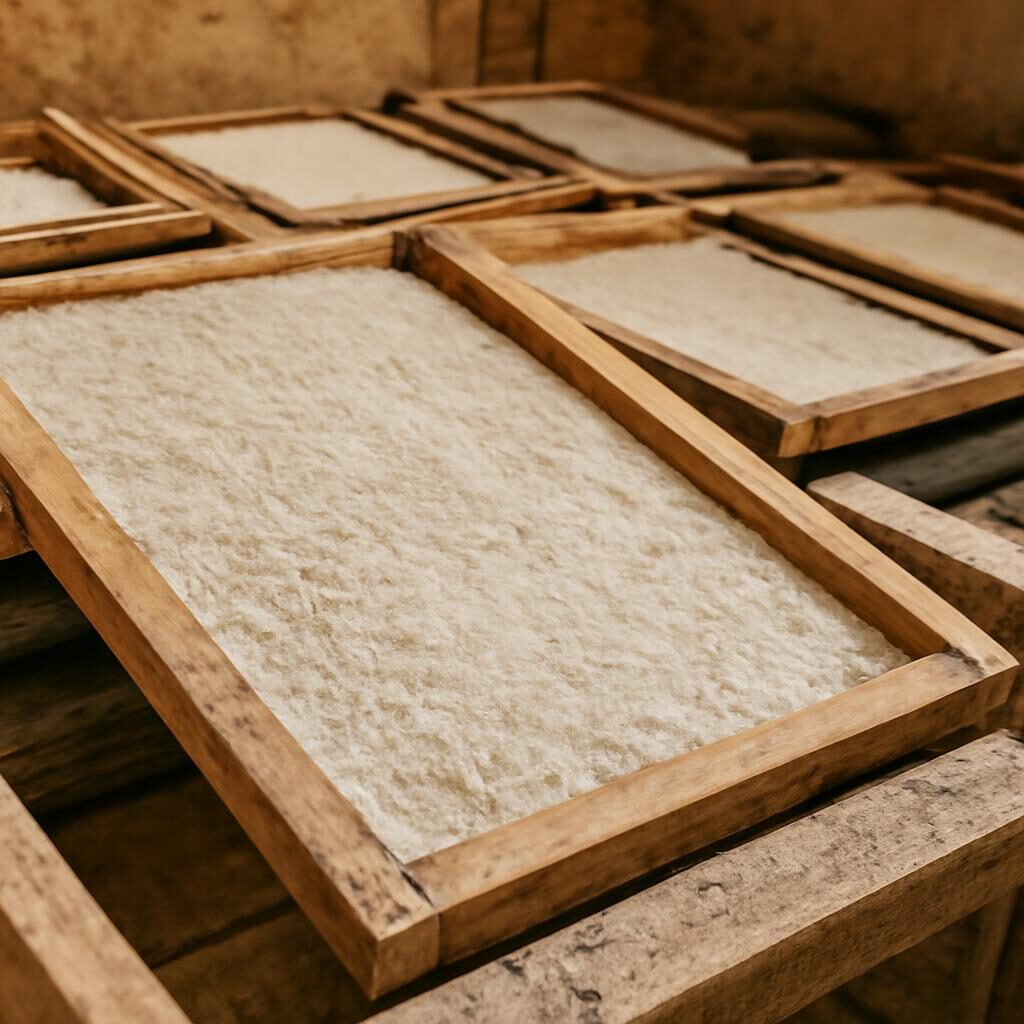 Feuilles de papier islamique artisanal séchant sur cadres en bois dans un atelier traditionnel
