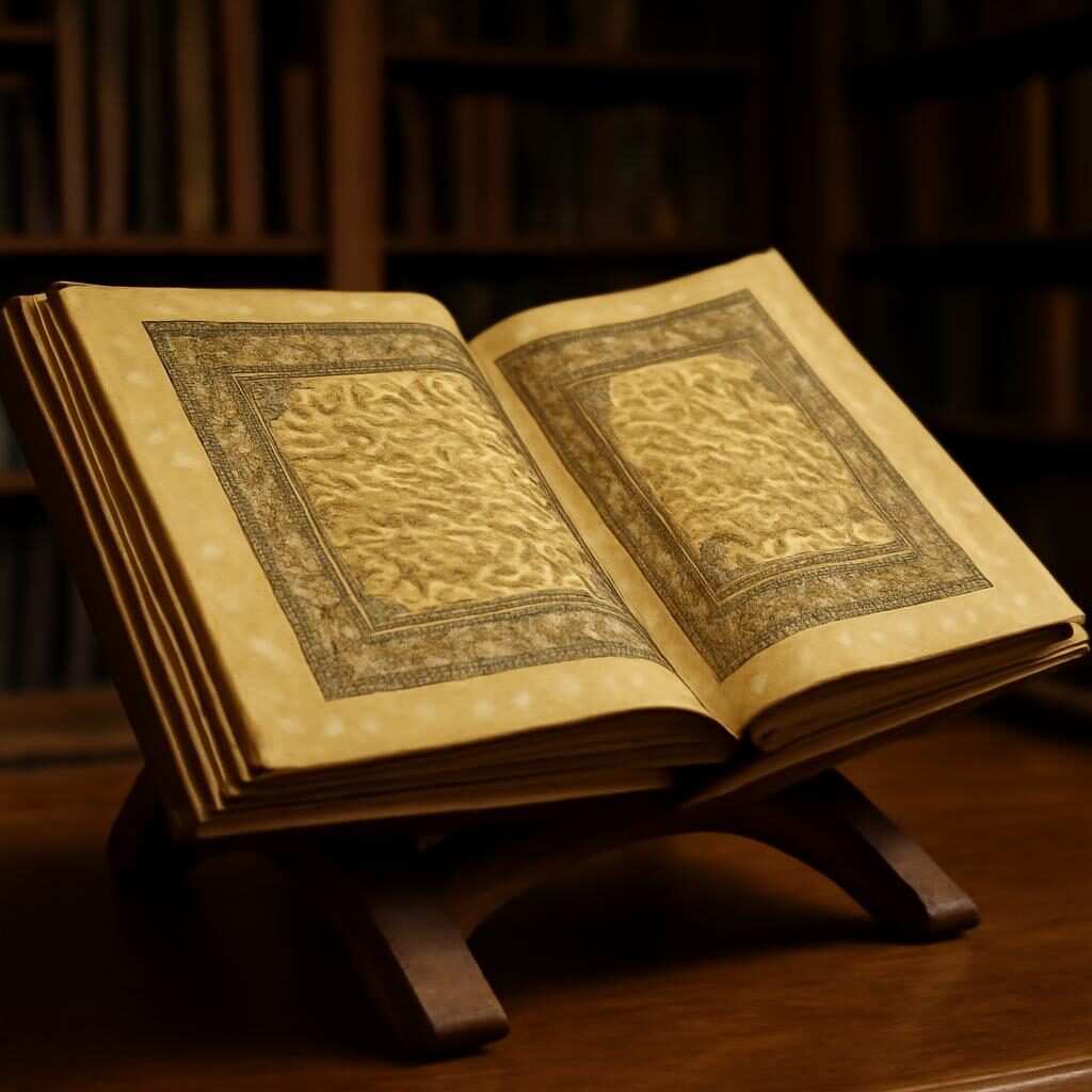 Manuscrit islamique enluminé ouvert sur pupitre en bois, calligraphie dorée sur parchemin