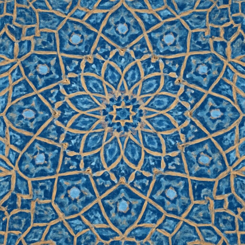 Pavage géométrique islamique à motif d'étoiles décagonales en carreaux bleus et dorés
