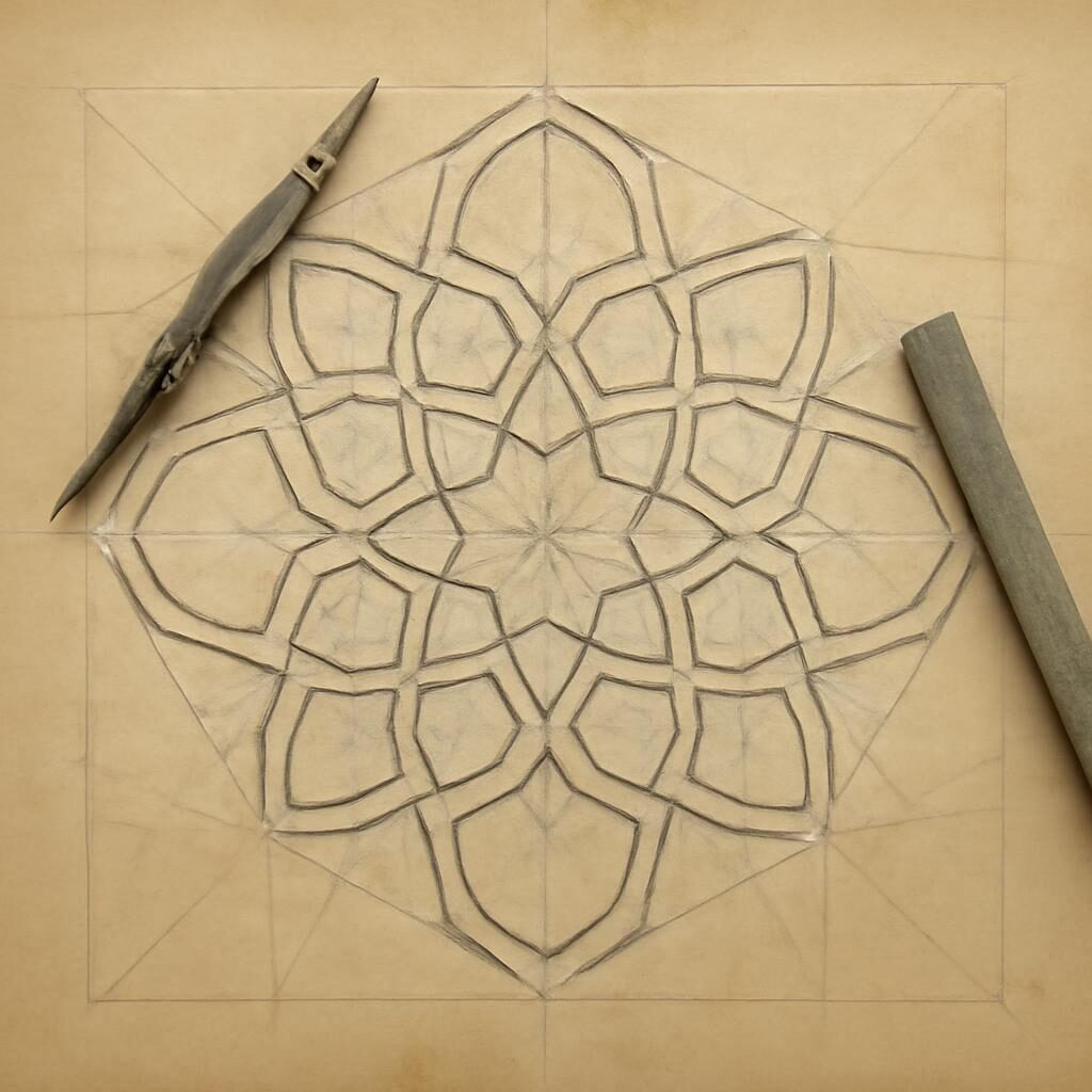 Tracé géométrique d'un motif girih islamique avec compas et règle sur papier à dessin technique