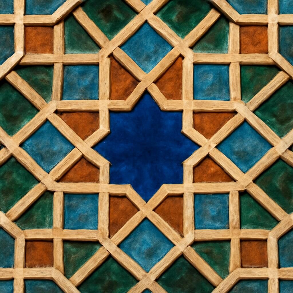 Détail de tessellation géométrique islamique en carreaux vernissés sur une façade de l'Alhambra de Grenade