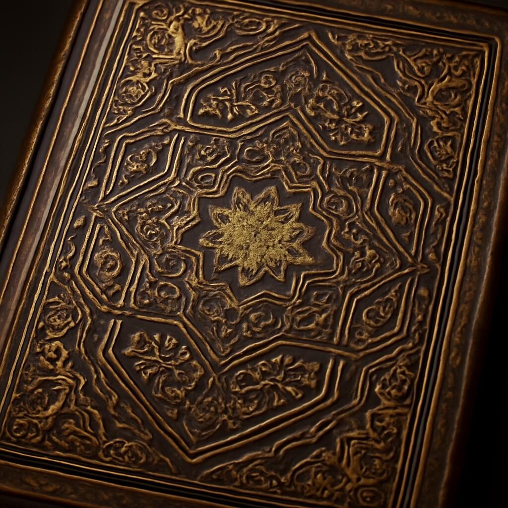 Reliure islamique en cuir brun avec décor géométrique doré à l'outil, étoiles et arabesques